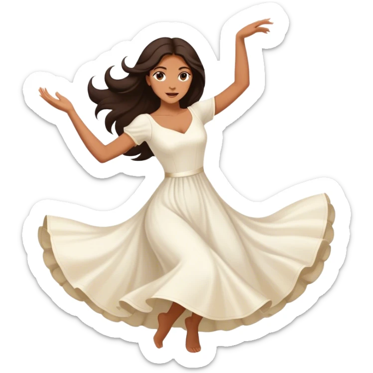 Beautiful woman in 1950’s woman fashion look, white dress, long dark brown hair, balboa couple dance, toss-out movement sticker
