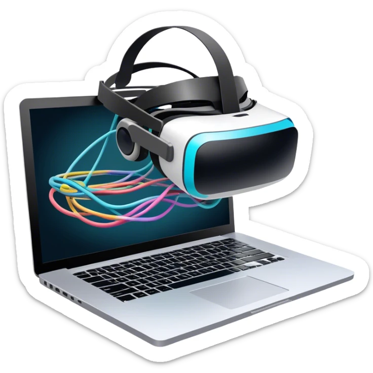 VR headset lying next to a laptop, connected by wires. On the laptop screen a VR/AR modeling program is opened. Floating 3D models or virtual objects. Modern, tech-inspired colors. No emojis or smiley faces. Transparent background. sticker