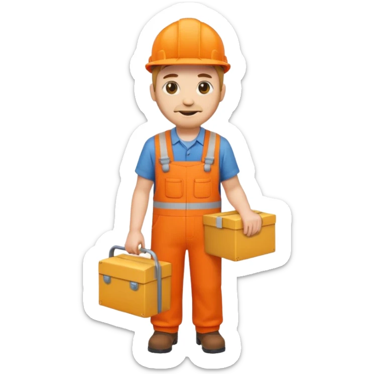 emoji style railway engineer full body in orange overalls, holding a box in front of their chest sticker