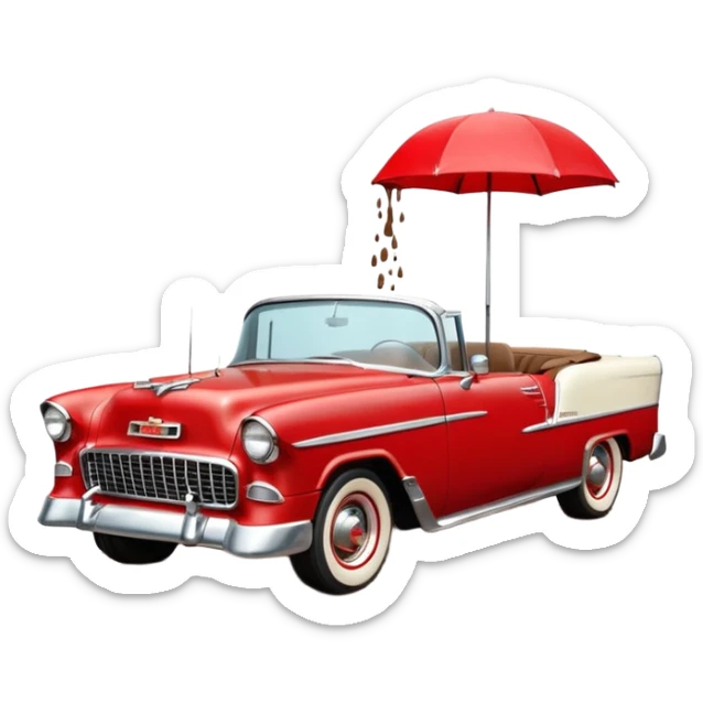 1955 Chevrolet Bel Air Convertible, Red-White color, with a bucket of brown mud pouring down on it, and the car itself is covered in brown mud on the sides that has stuck.32x32 pixels, aspect ratio: 1:1 sticker