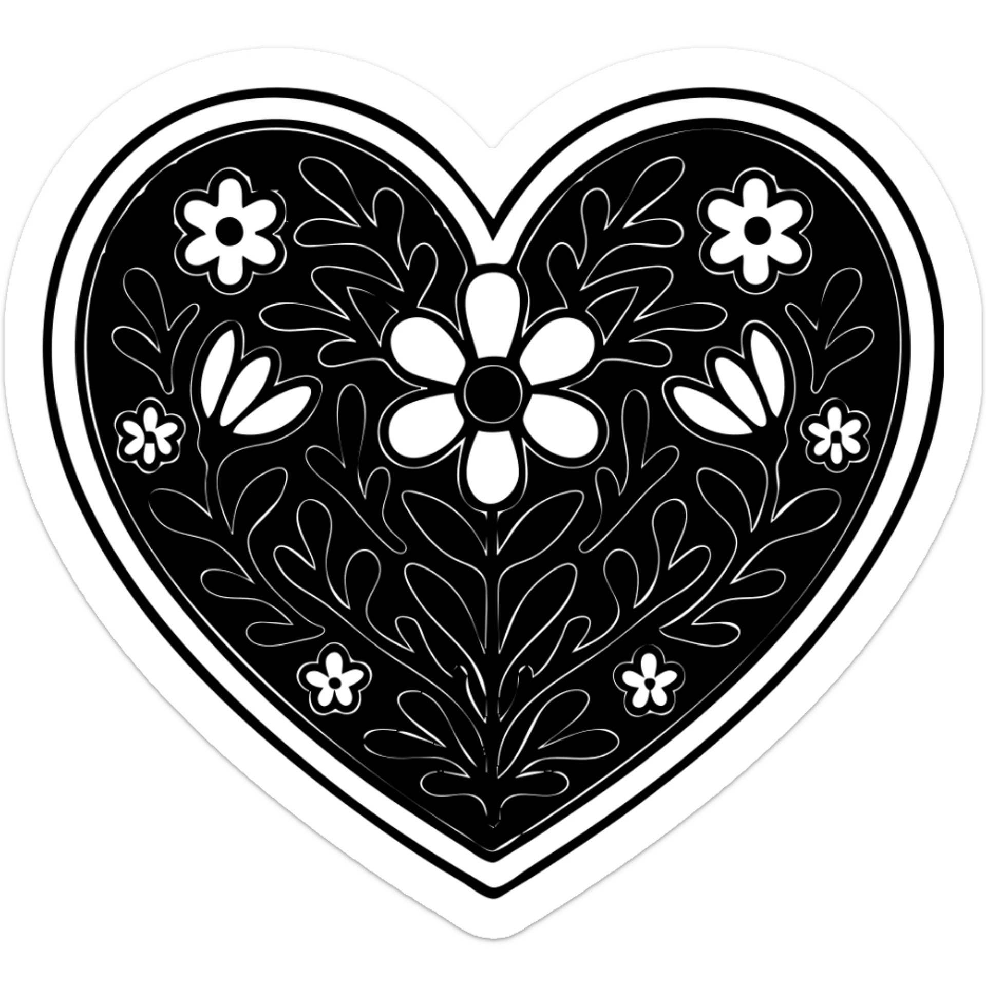 Red heart with a simple Slavic folk art motif in bright folk colors, black outlines around the motif, gold border around the heart, transparent background. Motif is bold and clear for small sizes. sticker