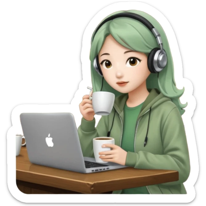 A Korean girl at a dive bar with a laptop and headphones with coffee watchin a korean drama the clothes in sage green sticker