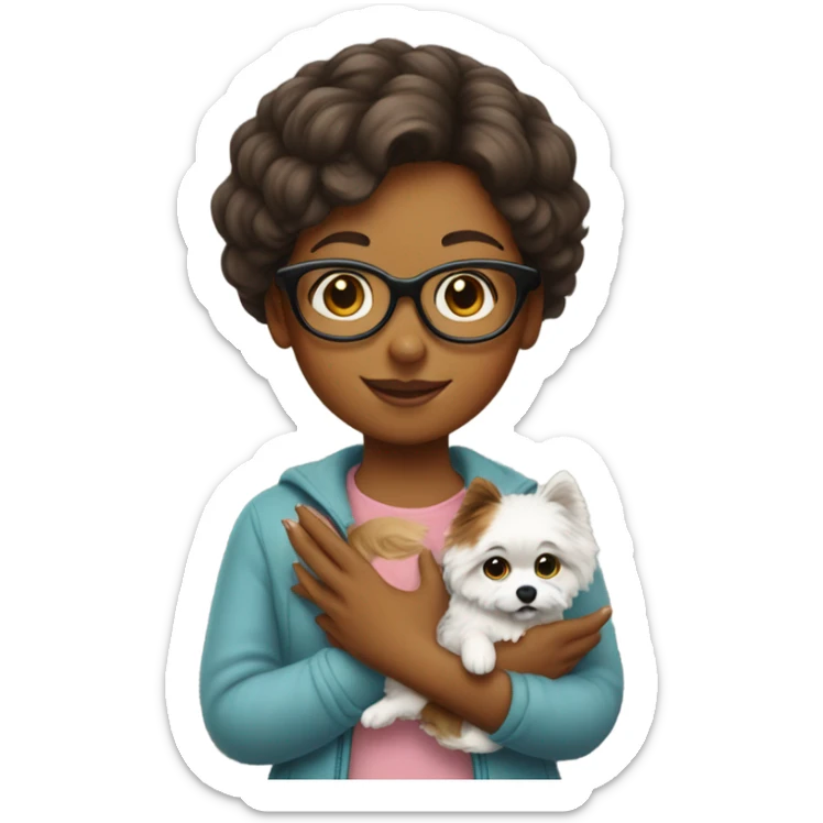 A girl with glasses is holding a spitz dog in her hands sticker