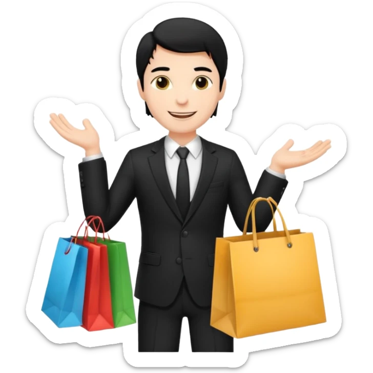 a white elegant man black hair in a black suit with clothing shopping bag sticker