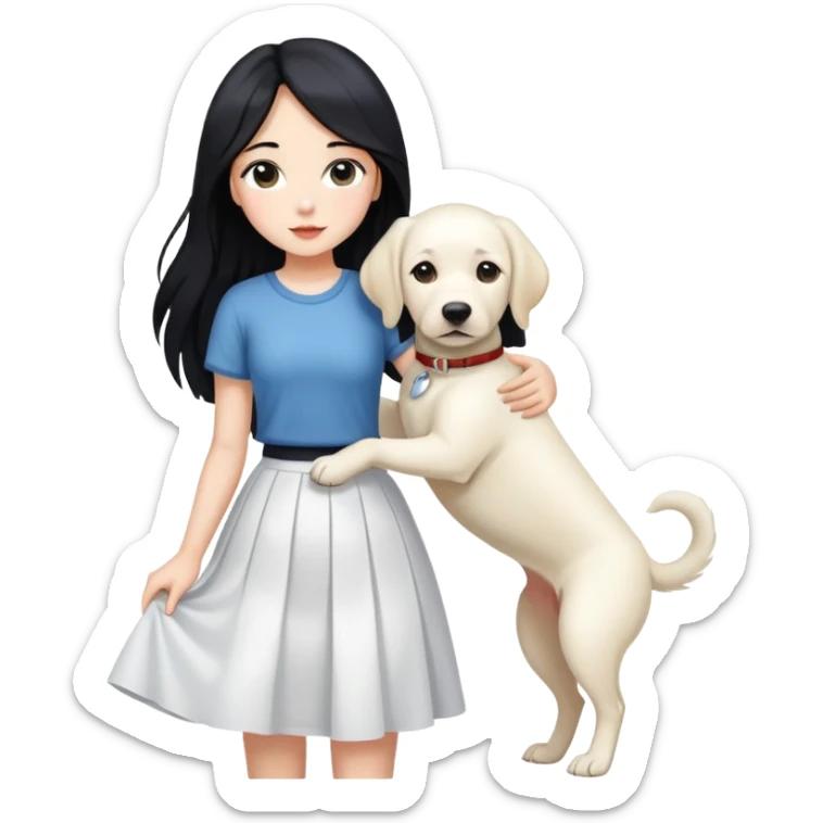 A girl with long black hair, a beautiful white skirt and fair skin is holding a white Labrador sticker