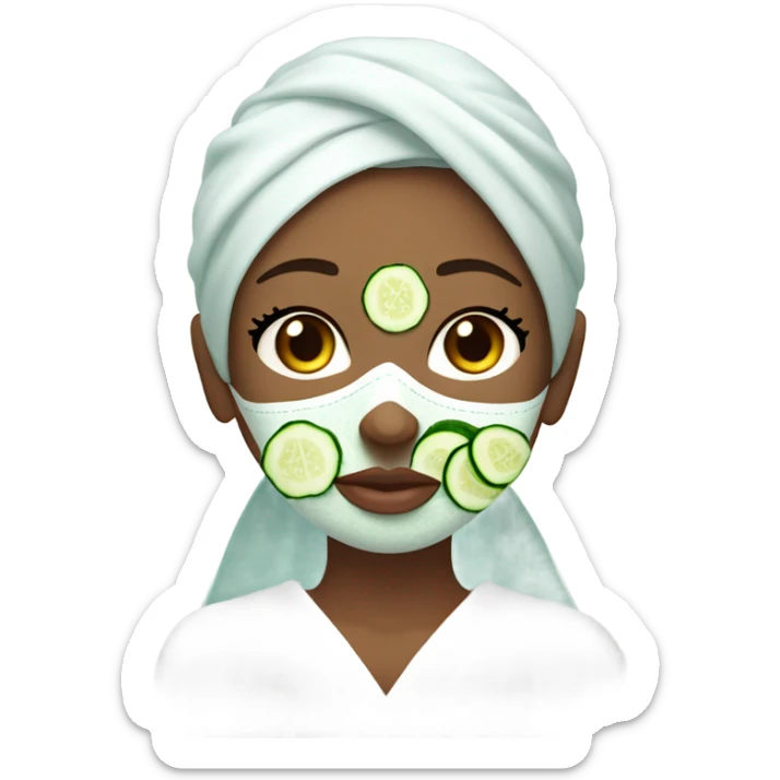 Girl with freackles Brown hair white skin and blue eyes wears Green colored texture skin care mask all over her face while She relaxes and puts two round piece of cucumber on her closed eyes In a white Robe sticker