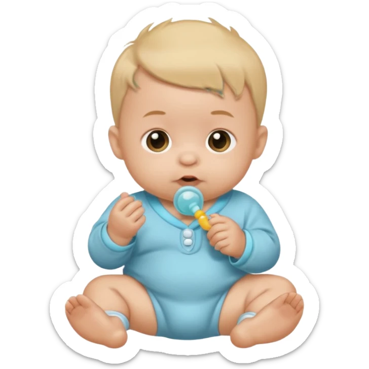 A cartoon baby with light skin, small tuft of hair, wearing a baby outfit, holding a pacifier, front-facing sticker