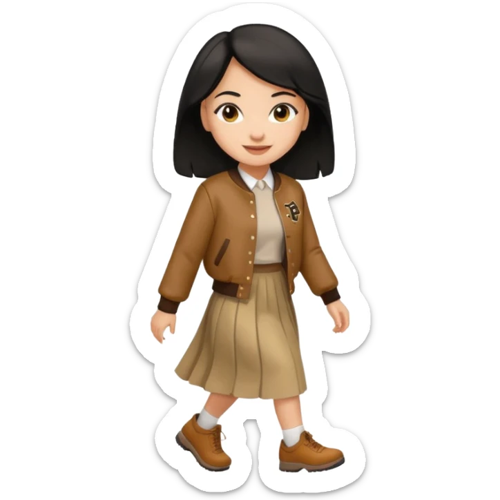  light skin, black cololong hair girl with brown varsity jacket and long skirt walking  sticker