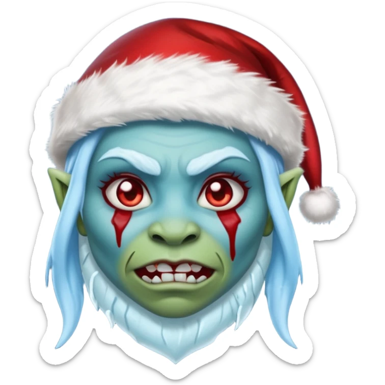 Fantasy orc portrait emoji, Santa Claus hat with icy texture, frozen scar glowing deep red against icy blue skin tones, primal winter survival theme, restrained detail, clean readable emoji style, female variant
 sticker