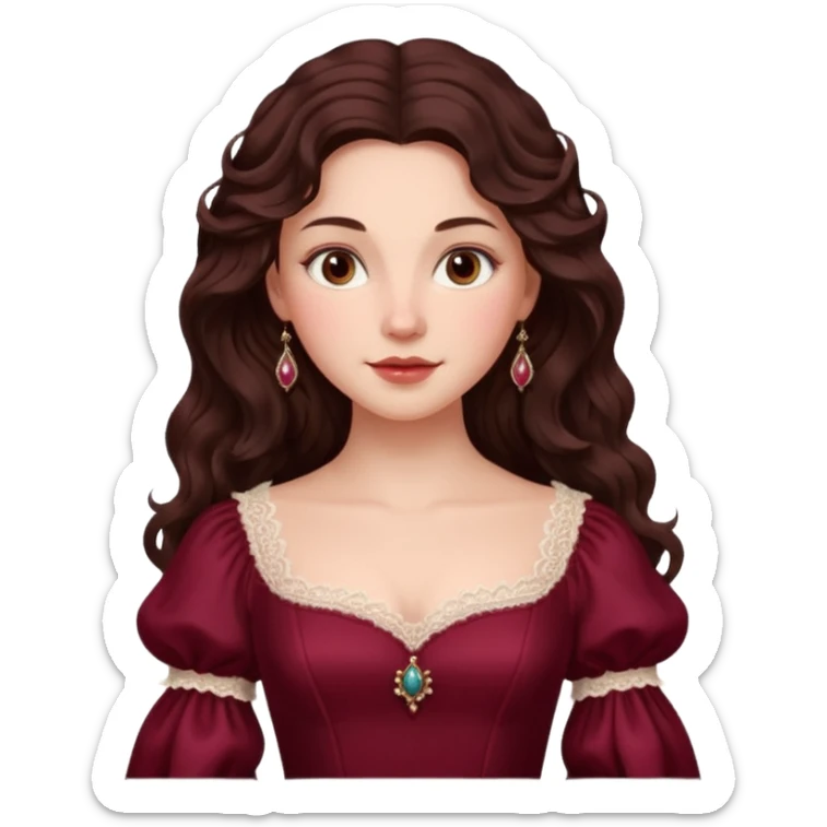 Renaissance lady – long dark brown wavy hair, burgundy gown with lace neckline sticker