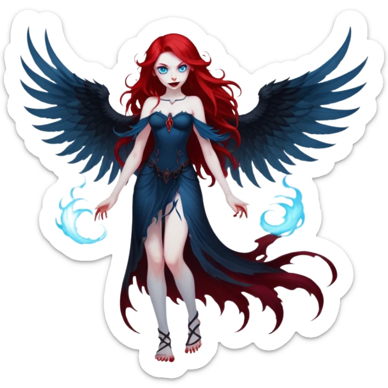 full body portrait of an extremely diabolical girl with pale white skin, massive towering wings, very long flowing blood red hair, glowing blue eyes, evil grin, no accessories, with swirling red and black smog/smoke at the bottom of her feet sticker
