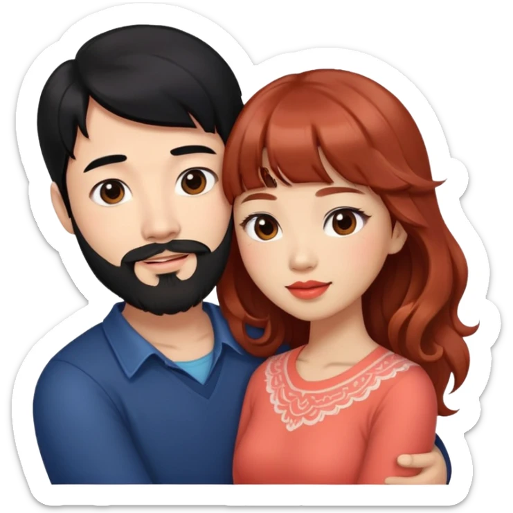 handsome tall asian man with black hair and beard, hugging cute woman with light tan skin and long wavy reddish brown hair with bangs and coral lipstick sticker