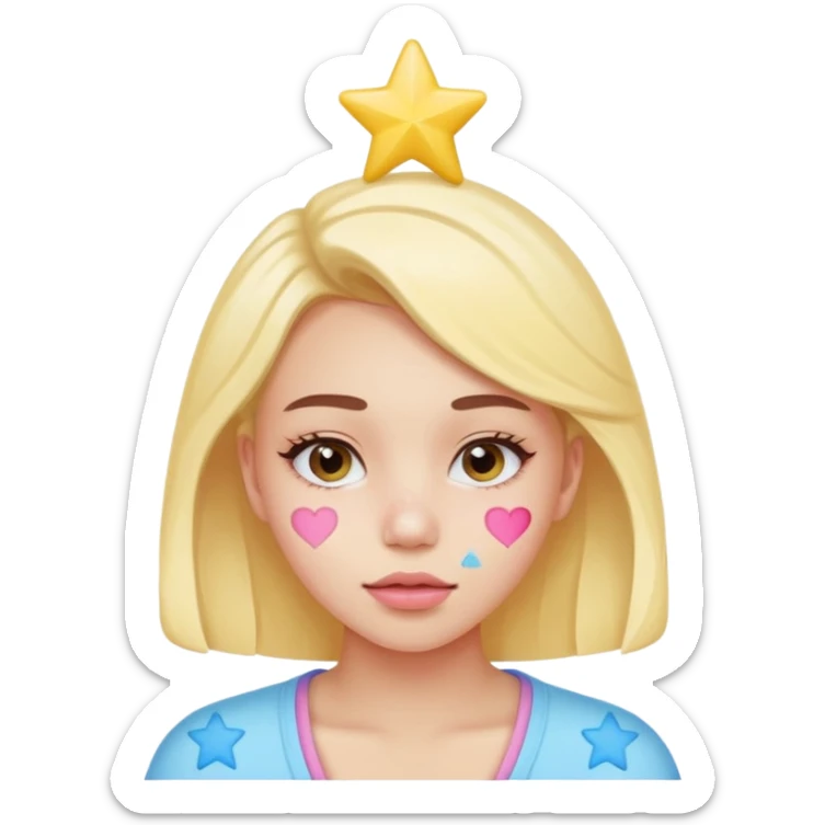 A cute emoji-style young woman with a small pimple on her cheek covered by a colorful pimple patch shaped like a star or heart,The sticker is glossy and pastel-colored (pink, yellow, blue). sticker