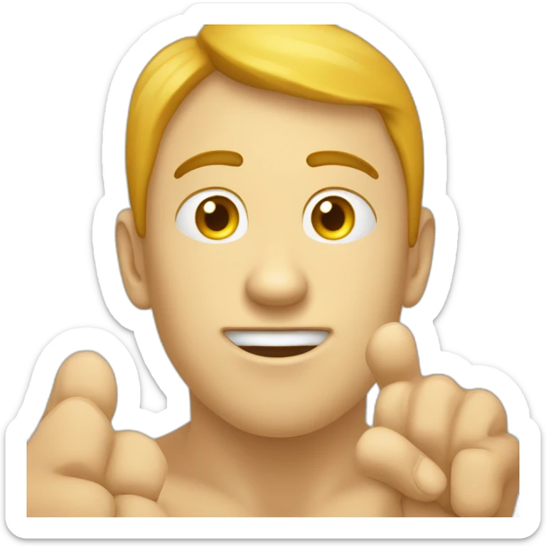 a beardless yellow emoji with freckles and a round head pointing the index finger skywards. It has two prominent upper incisors, while the lower incisors are hidden by the lower lip. sticker