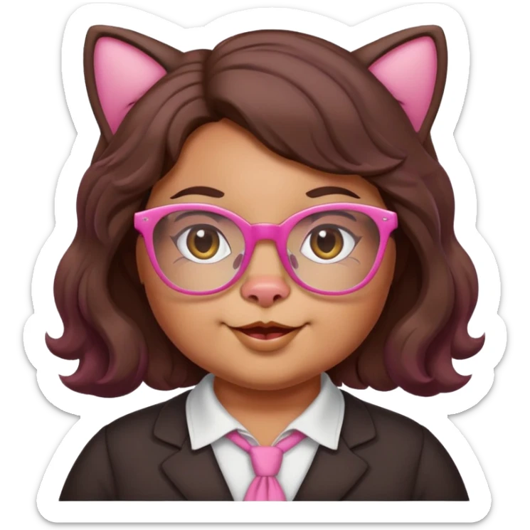 chubby English teacher face, pink cat glasses, wavy long dark brown hair, cheerful sticker