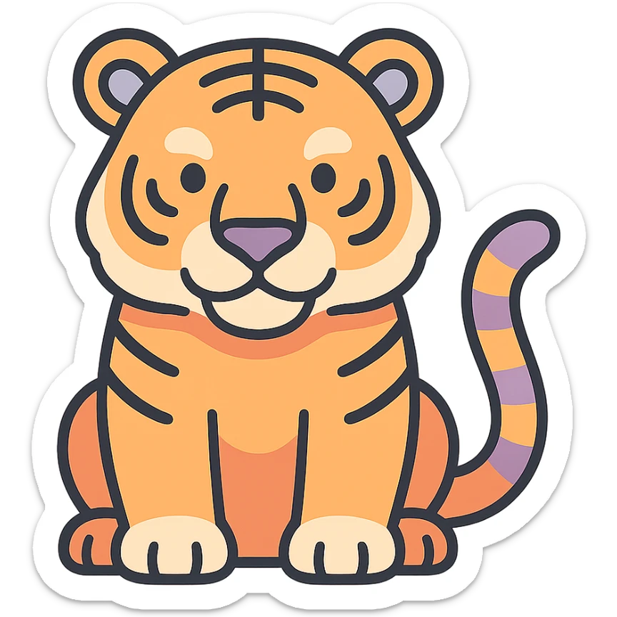 tiger, symbol of the year in feng shui, Chinese eastern style, thin clean contours, soft rounded shapes, pastel palette #98B5BC, #B5B3C1, #C9A3C9, #E4C0CA, #F7DCD1, #F7C0AA, detailed shadows and highlights, soft lighting, transparent background, less cute, no decorative elements sticker