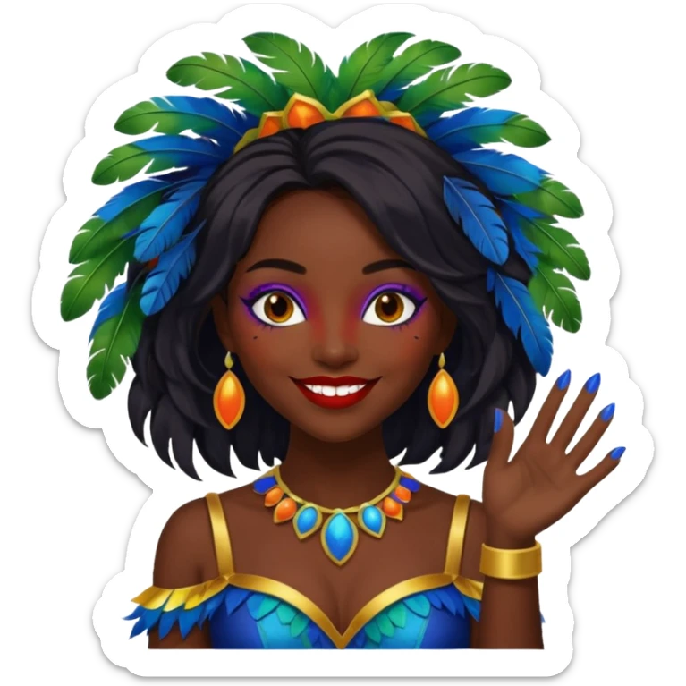 i need the same girl in "dark skin girl, dark red lipstick, nails very beautiful" to be smiling in "carnival mas costume, blue, green and orange preferably, full costume feathers at the back" she is to be smiling, hair should be dark shoulder length, black nail polish on her fingers  sticker