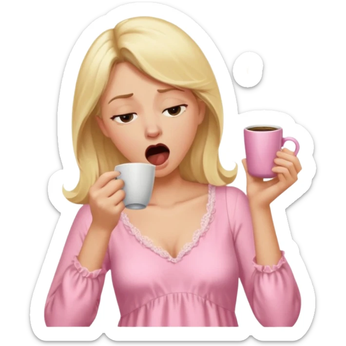 A blonde woman in a pink nightgown yawns, looking sleepy with dark circles under her eyes, drinking coffee, looking like she just woke up sticker