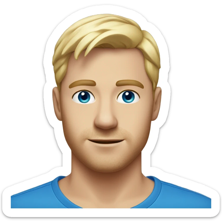A head and shoulders shot of a 30 year old white man, with short blonde hair,   with blue eyes wearing a t-shirt. sticker