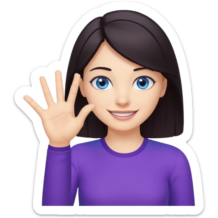 Grinning dark hair woman with blue eyes, wearing purple shirt - showing that somehting is obvious with her hand

 sticker