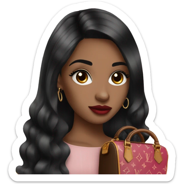 black haired Girl with eylashes, rose lipstick, straight hair and louis vuitton bag sticker