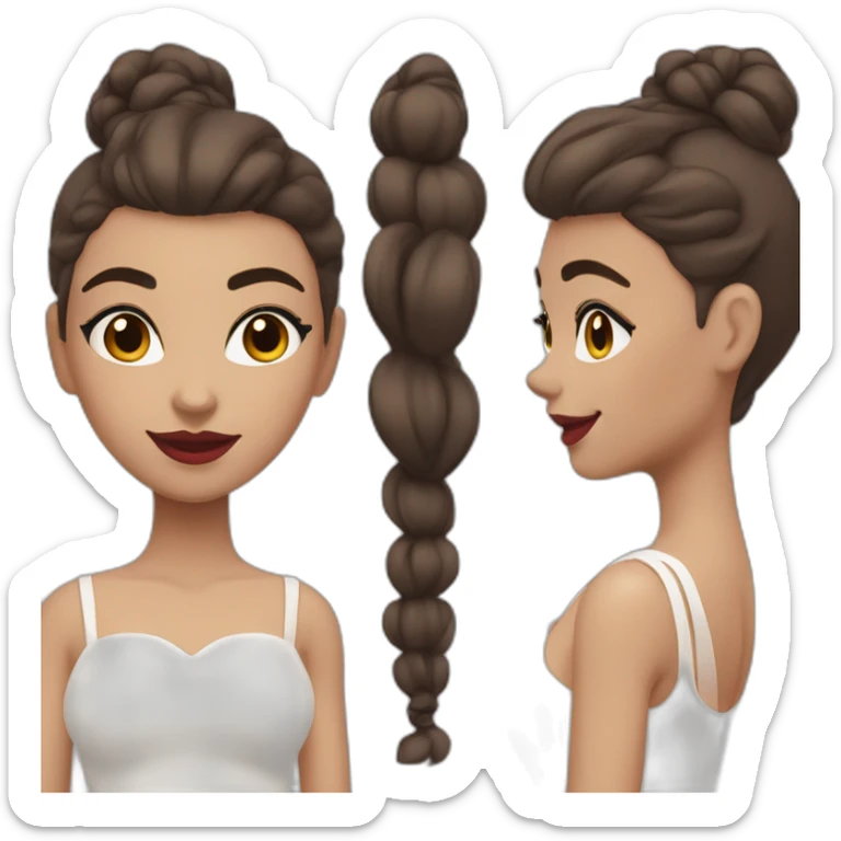 A girl with curved brown eyebrows, dark brown hair, bushy eyelashes, a high nose bridge, red lips, a white skirt with a swing neck, a fair complexion, and a smile sticker