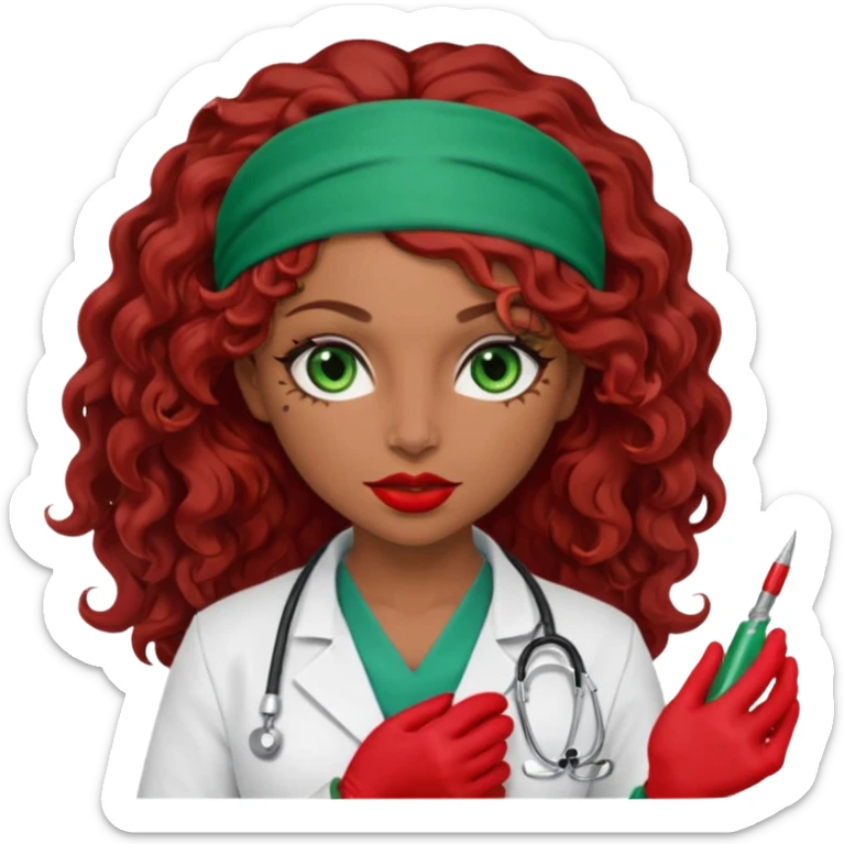 Lilith scalpel in hand, evil surgeon sexy surgeon clothes.  She has green  eyes. She brown long curly hair. Wears sexy doctor outfit with red gloves.hair is free and brown  Wears red bandana to hide  her mouth and nose sticker