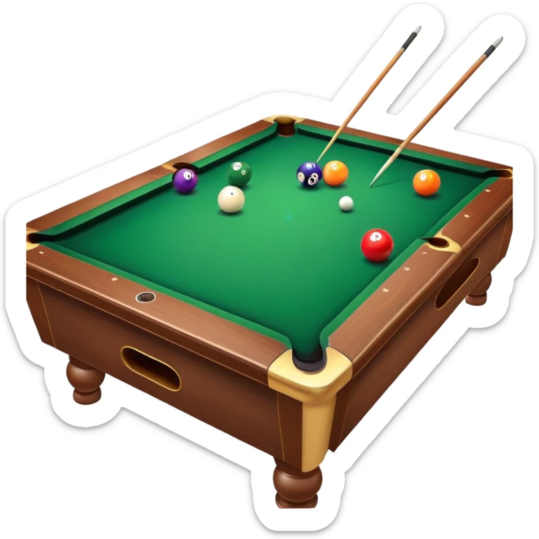 A close-up of a billiard table with a cue stick lined up to strike a colorful set of balls. The focus is on the precision of the shot, with the table’s green surface and the triangular arrangement of balls, creating a dynamic scene of strategy and concentration in the game of billiards. sticker