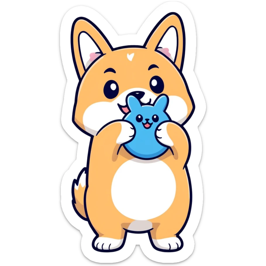 overweight black shiba inu holding a fluffy blue bunny toy by mouth, smiling, hint of cheese smell, cartoon sticker style sticker
