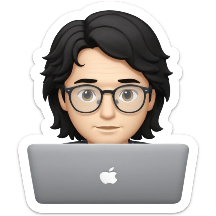 guy with wavy black hair and skin tone a little bit white and glasses, with a macbook sticker