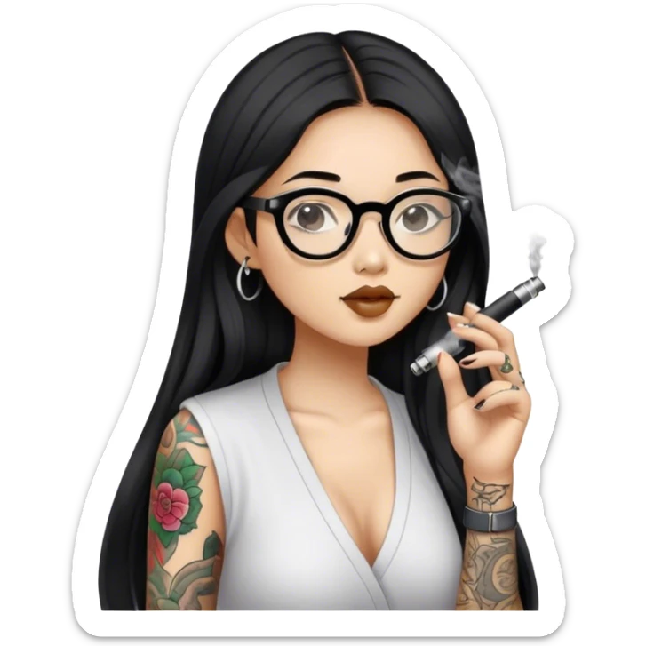 Black hair long hair Asian girl, wearing slippers, glasses, only one arm tattooed, smoking an e-cigarette sticker