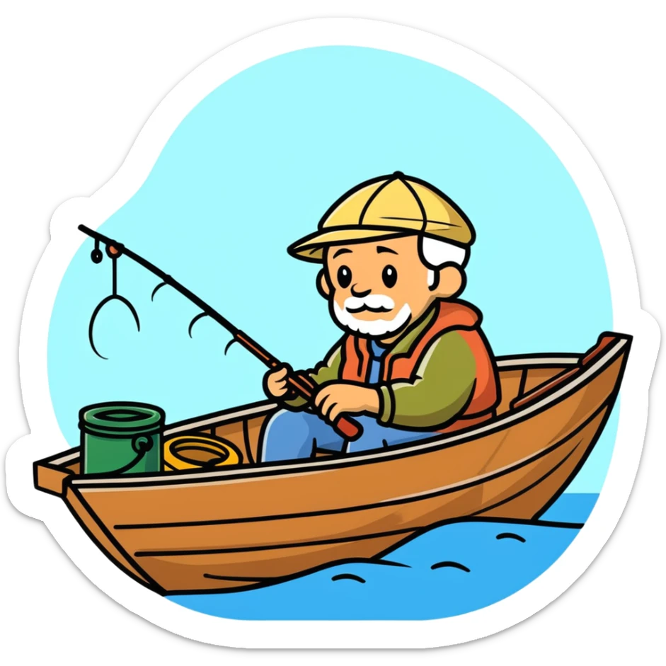 elderly fisherman sitting in boat with fishing rod sticker