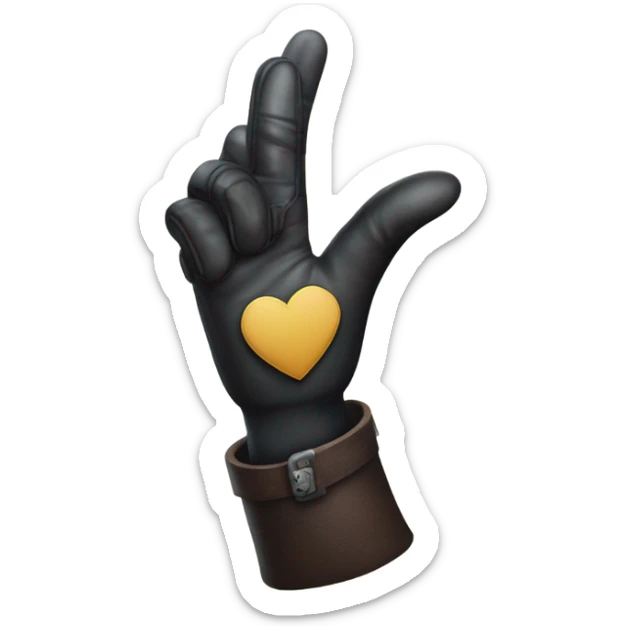 "like thumb" with a medieval black leather glove, white heart in the palm and harry potter style sticker