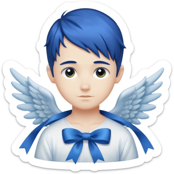 A graceful angel boy with deep blue hair tied in a ribbon, spreading gentle light.








 sticker