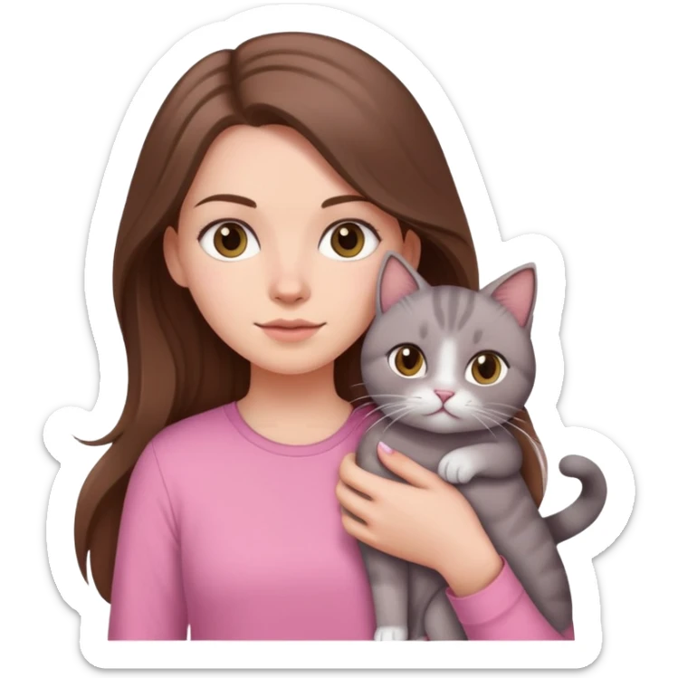 white girl with long brown hair wearing a pink shirt holding a gray cat  sticker