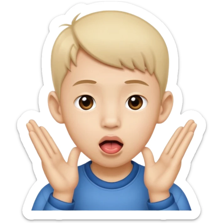 a boy with asian eyes holding his ears and with his tongue out sticker