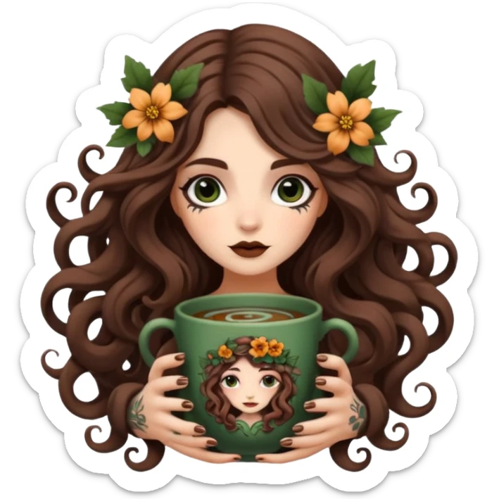 cute forest witch woman long wavy brown hair tattoos curled in flower cup sticker