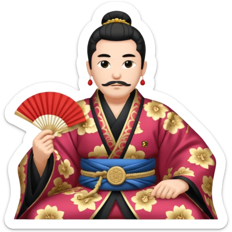 Wealthy warlord in ornate kimono, crest on chest, seated with fan in hand. sticker