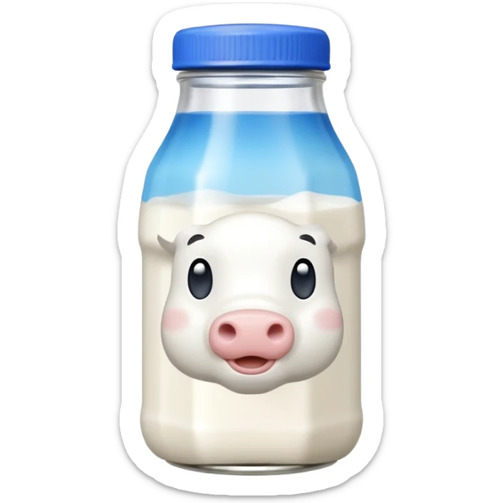 A 3D cartoon glass bottle of cow’s milk — white liquid, blue cap, clear reflections, Memoji-style rendering. sticker