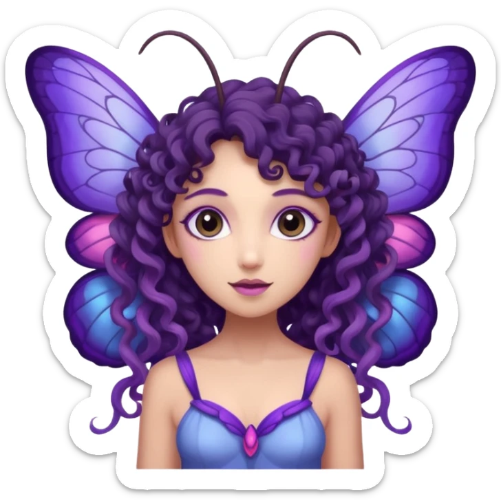 moth fairy with dark curly hair, light purple skin, and moth wings of blue purple and pink. she has moth antenna sticker