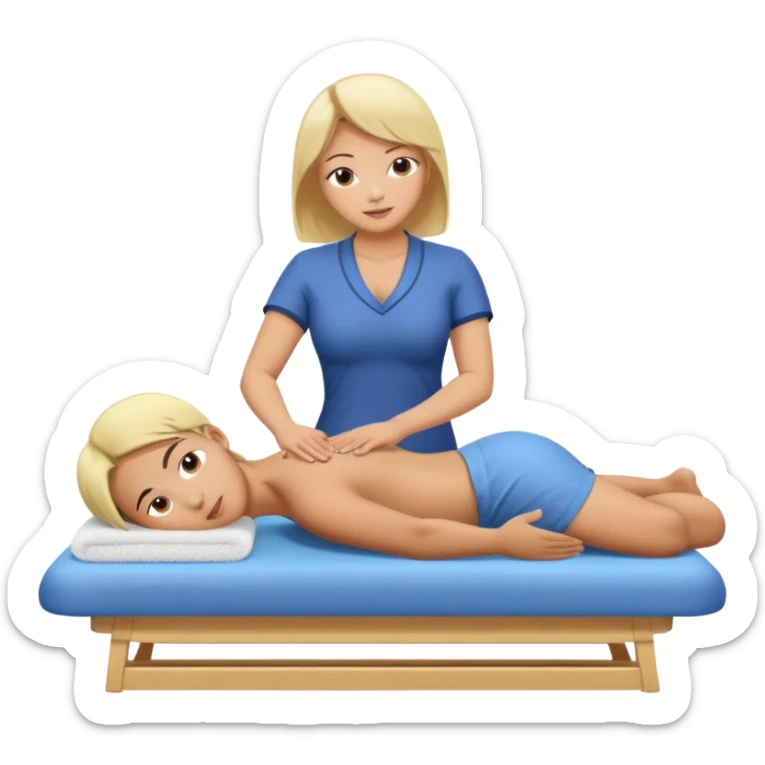 Large breasted asian woman gives a massage to a blonde boy on a massage table sticker