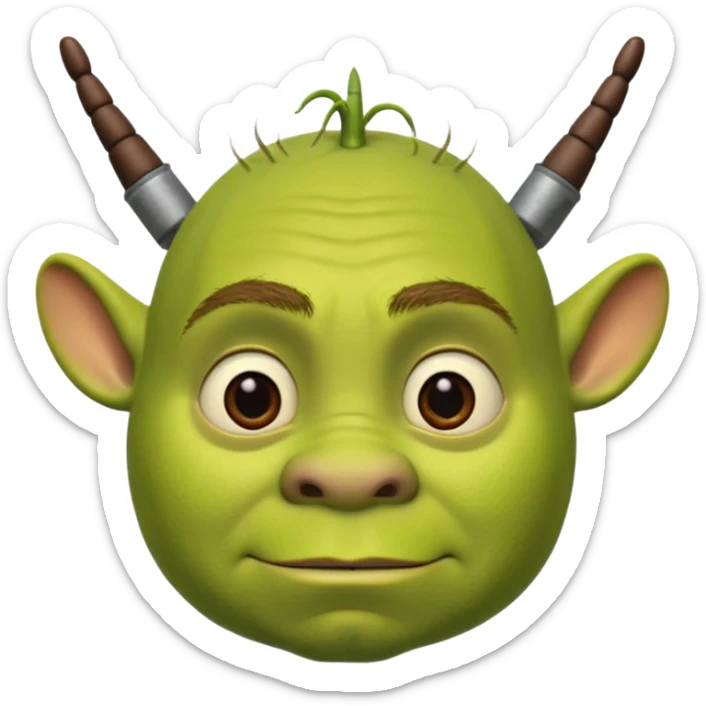 Shrek avec deux petites antennes-oreilles cylindriques plantées de chaque côté de la tête : elles sont courtes, épaisses, avec une ouverture ronde à l’extrémité.
 sticker