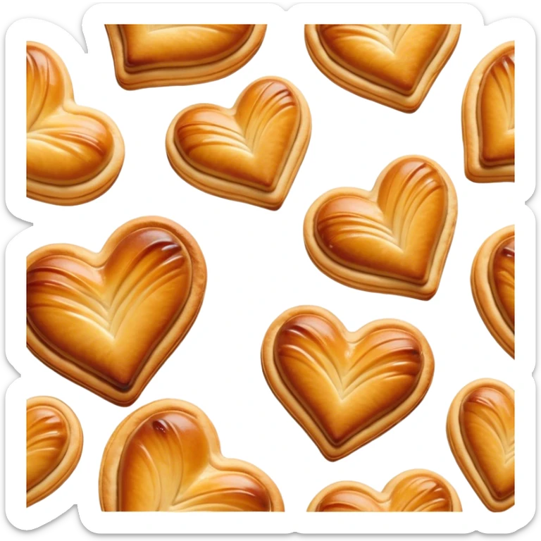 Cinematic crisp palmier, golden-brown heart-shaped pastries, perfectly caramelized layers, delicate and flaky, warm glowing background, inviting and delicious. sticker