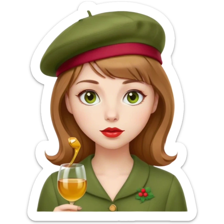 Pale girl with light brown hair and bangs, honey-colored eyes and wine-colored lips; wears a soft green dress with a red beret sticker