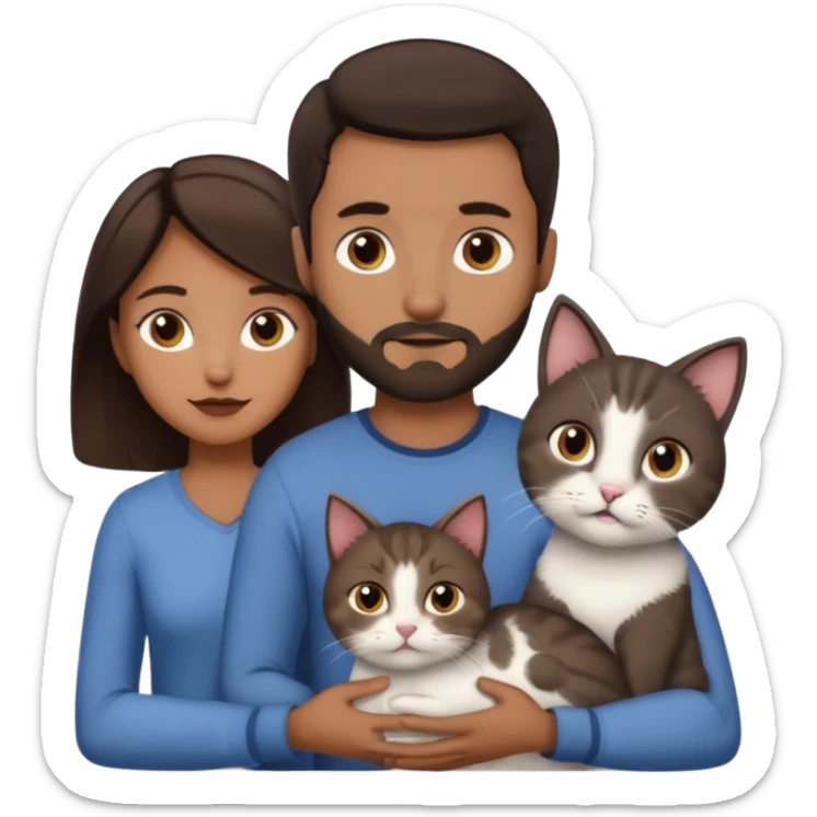 Make a couple and a cat emoji. The first person is a man with dark brown hair and a beard that’s not to long. The other person is a woman with even darker brown hair and is a little brown skinned but not much. The cat is 15weeks so little and grey and white with a little brown on her face and chest sticker
