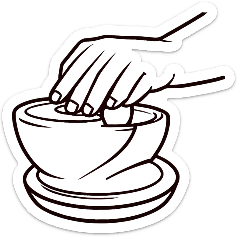 thumb pressing side of clay onto a silver pottery wheel, thumb at the bottom of the clay, pottery gesture sticker