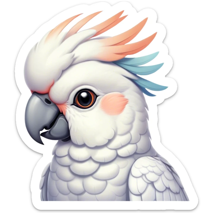 Cinematic Noble Cockatoo Portrait Emoji, Poised and regal, with a striking, crest-adorned head of brilliant white and pastel hues, a robust, curved beak, and piercing, intelligent eyes, Simplified yet sharp and sophisticated features, highly detailed, glowing with a soft, tropical luminescence, high shine, intelligent and majestic, stylized with an air of avian elegance, focused and alert, soft glowing outline, capturing the essence of a watchful and confident cockatoo that appears ready to unfurl its crest out of the screen with effortless authority! sticker