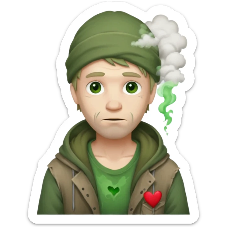 Homeless Caucasian male with green smoke around him and ripped clothes with valentines decor (no balloons) sticker