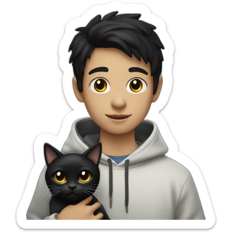 black haired and white skin boy who wears hoodie holds a black cat sticker