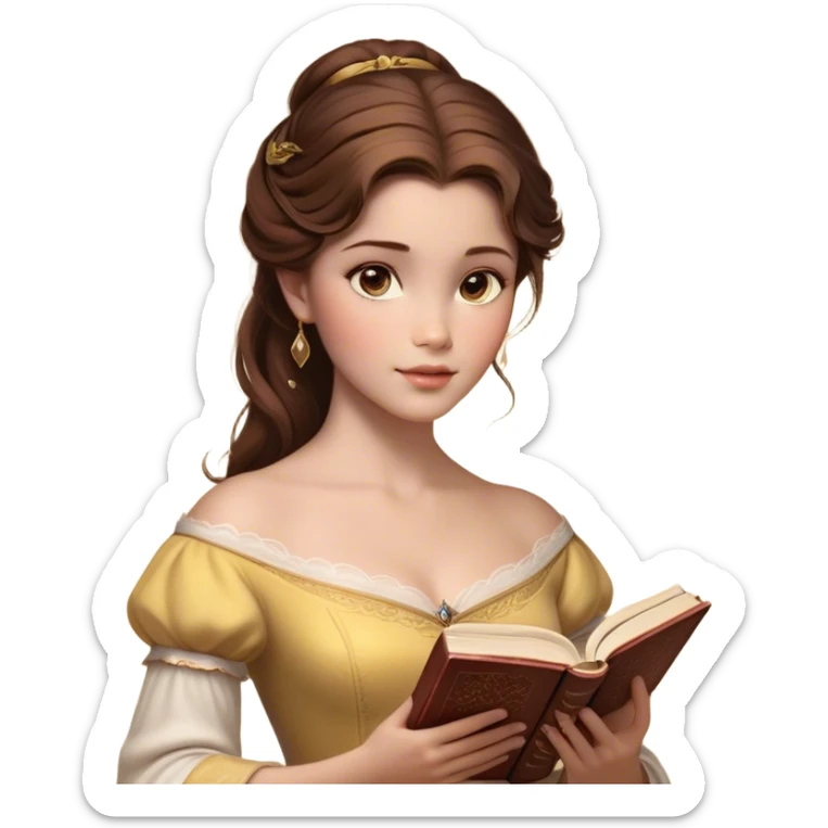Cinematic Realistic Belle Portrait, depicted with lifelike skin texture, soft natural lighting, and intricately detailed brown hair styled elegantly. Her deep, expressive eyes exude warmth and intelligence, complemented by a serene and graceful expression. She gently holds a book in one hand, her other hand resting at her side, radiating an aura of beauty and intellect. She is dressed in her classic yellow ball gown, the fabric rich in texture with delicate folds that catch the light beautifully. The portrait features a soft, enchanting glow with a natural, radiant finish, capturing the essence of timeless beauty in a realistic and painterly style, evoking a sense of depth and authenticity. sticker